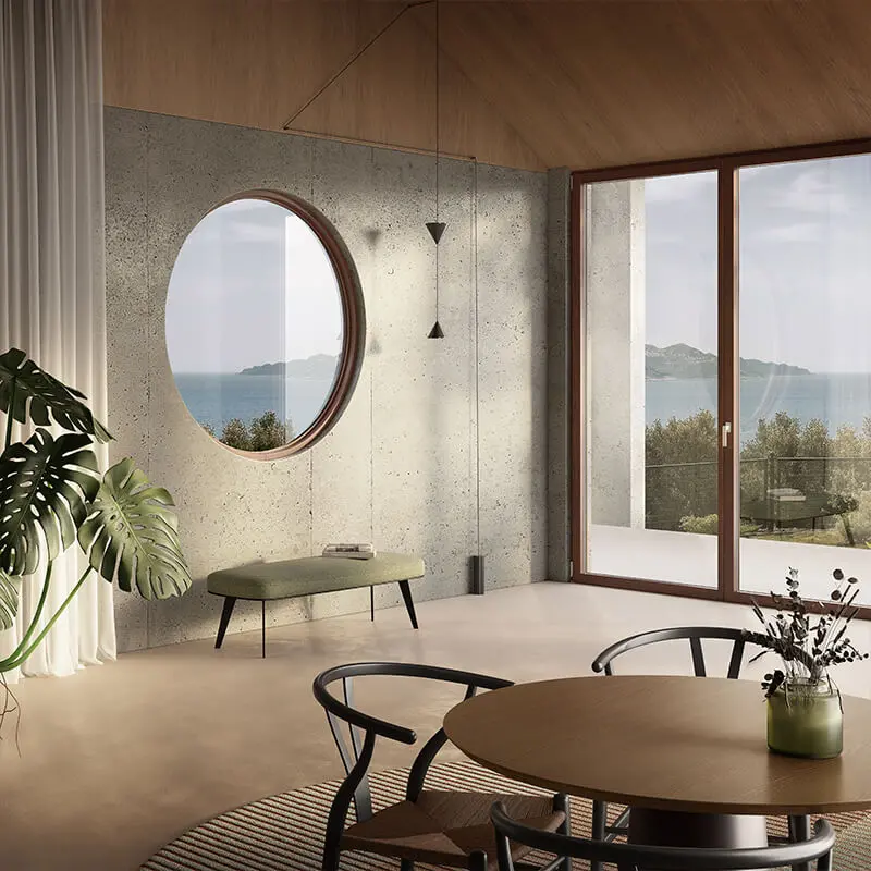 Infisso curvo in legno ambientato in una sala
