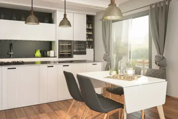 Picture of modern kitchen design with open concept. Render image.
