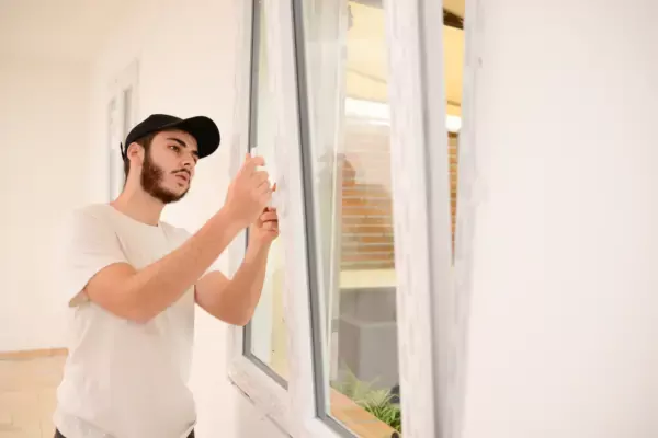 handsome young professional man installing and replacing a new home windows in client house for improvement energy saving efficiency isolation